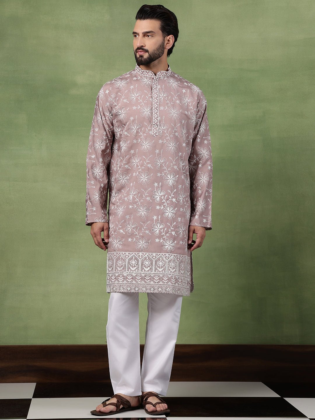 Men's Cotton All Over Floral Embroidered Pink Kurta With Pyjama - Image 5