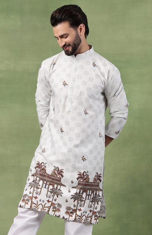 Men’s Cotton Daman Printed Pista Green Long Kurta