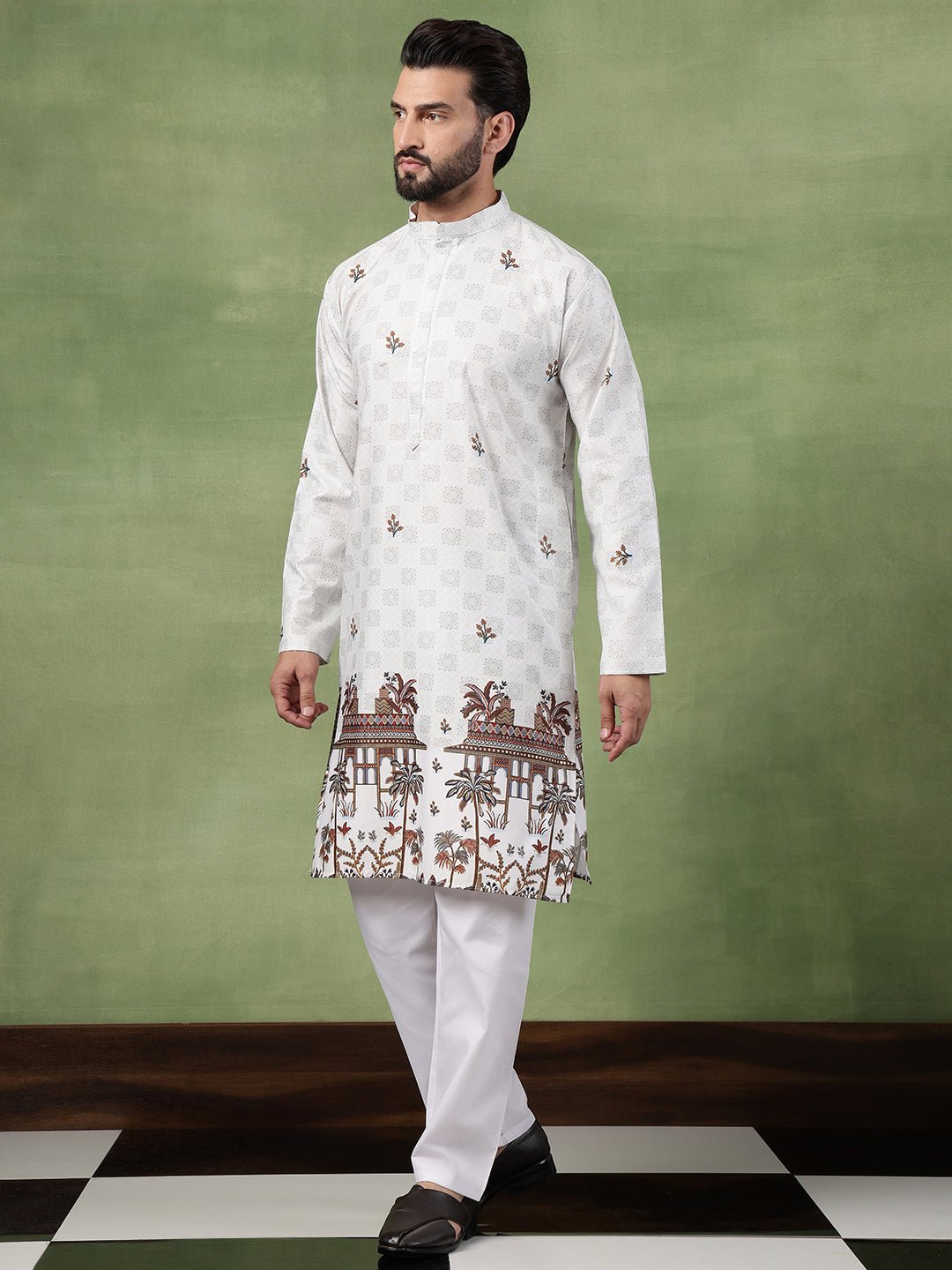 Men’s Cotton Daman Printed Pista Green Long Kurta - Image 3