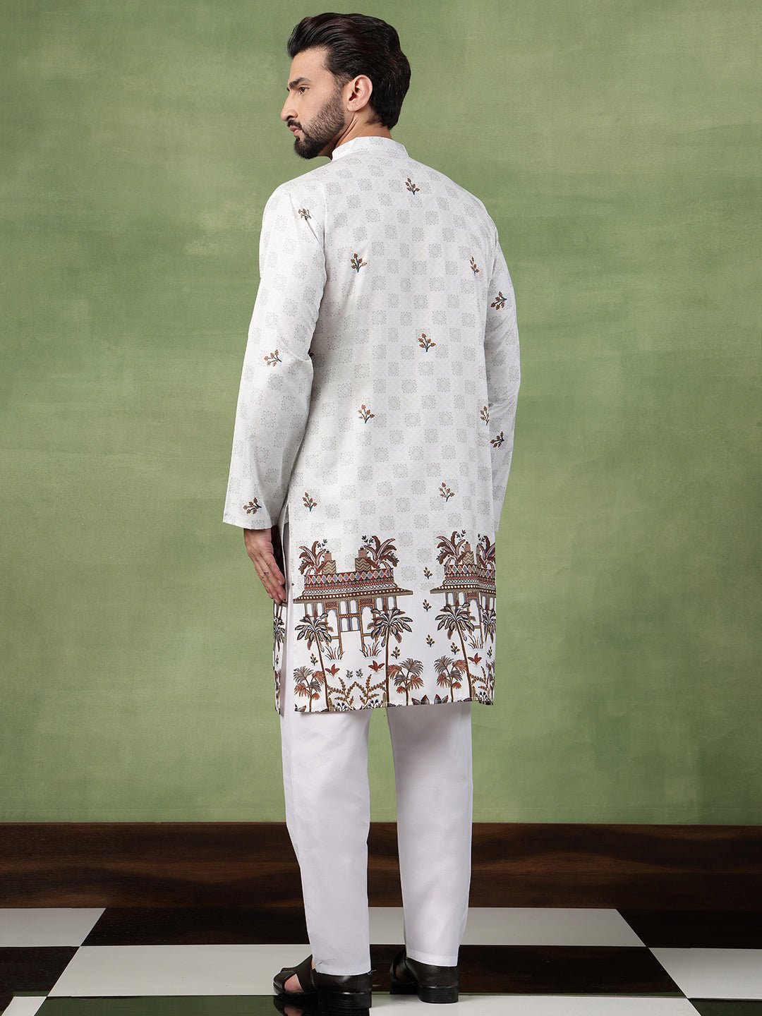 Men’s Cotton Daman Printed Pista Green Long Kurta - Image 4
