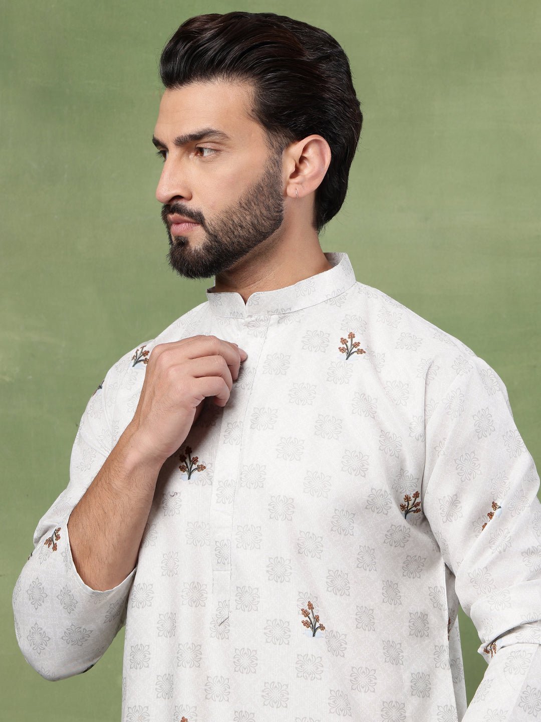 Men’s Cotton Daman Printed Pista Green Long Kurta - Image 6