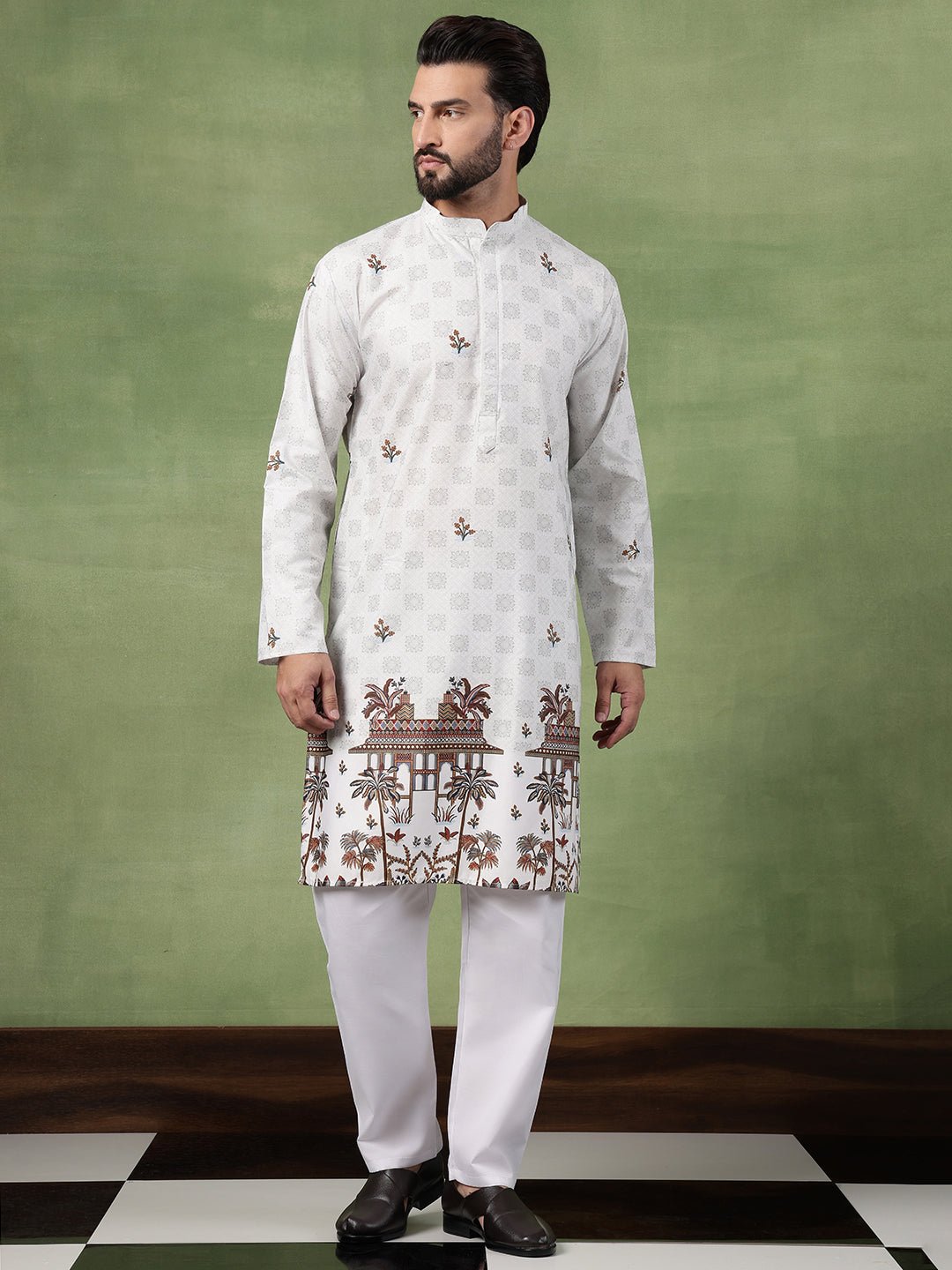 Men’s Cotton Daman Printed Pista Green Long Kurta - Image 2