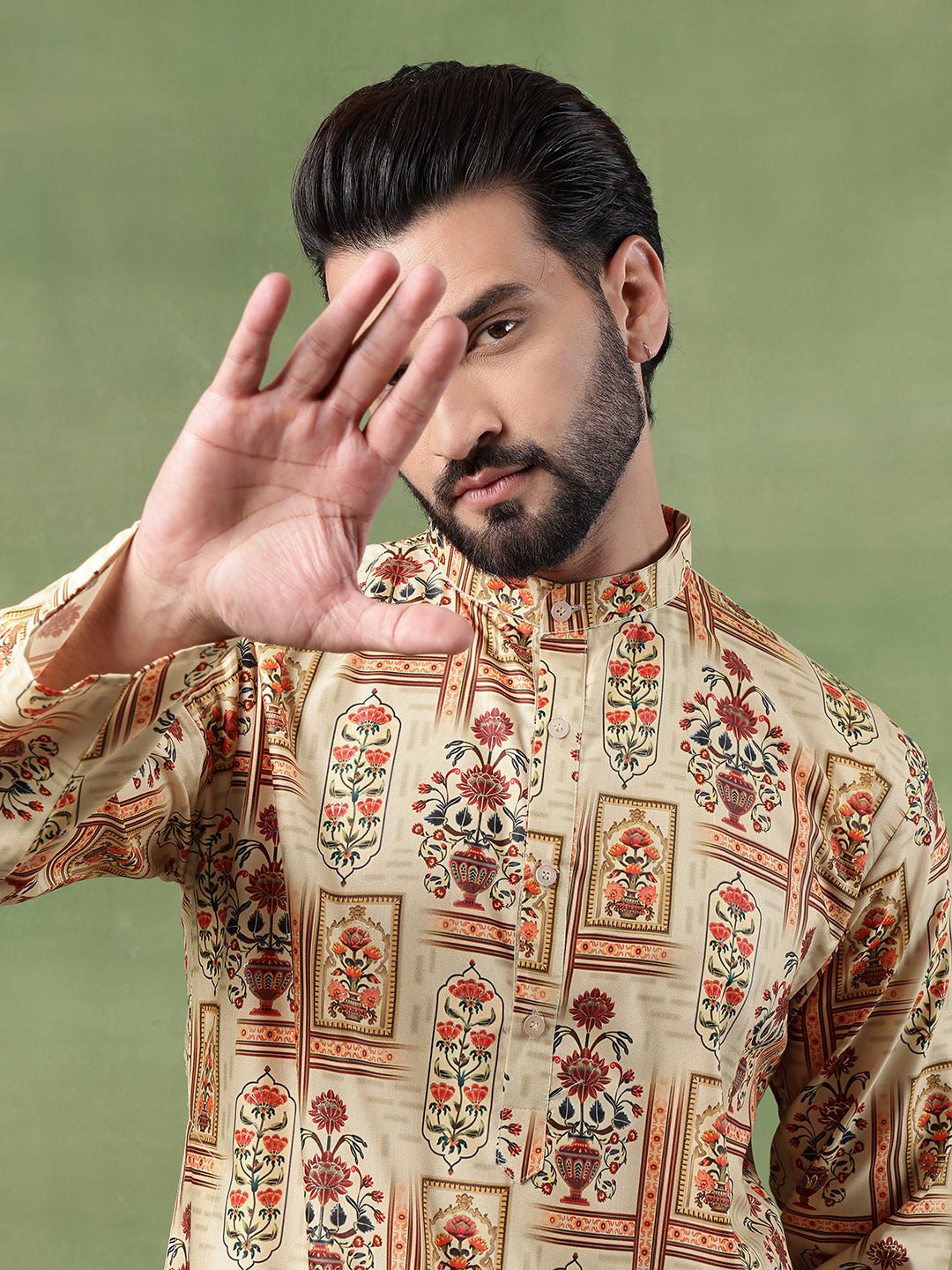 Men's Cotton Printed Floral Frame Motifs Green Long Kurta - Image 5