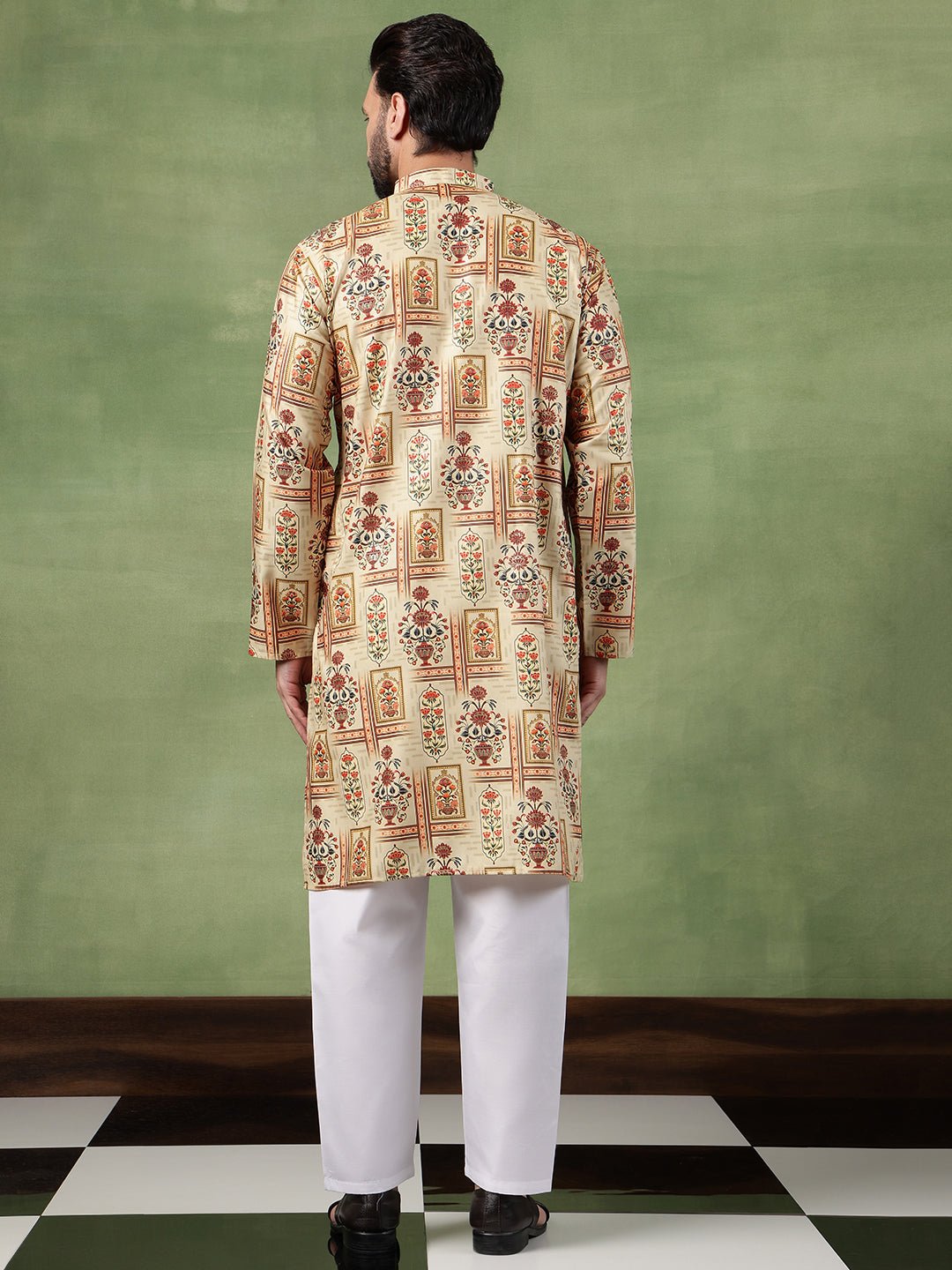 Men's Cotton Printed Floral Frame Motifs Green Long Kurta - Image 3