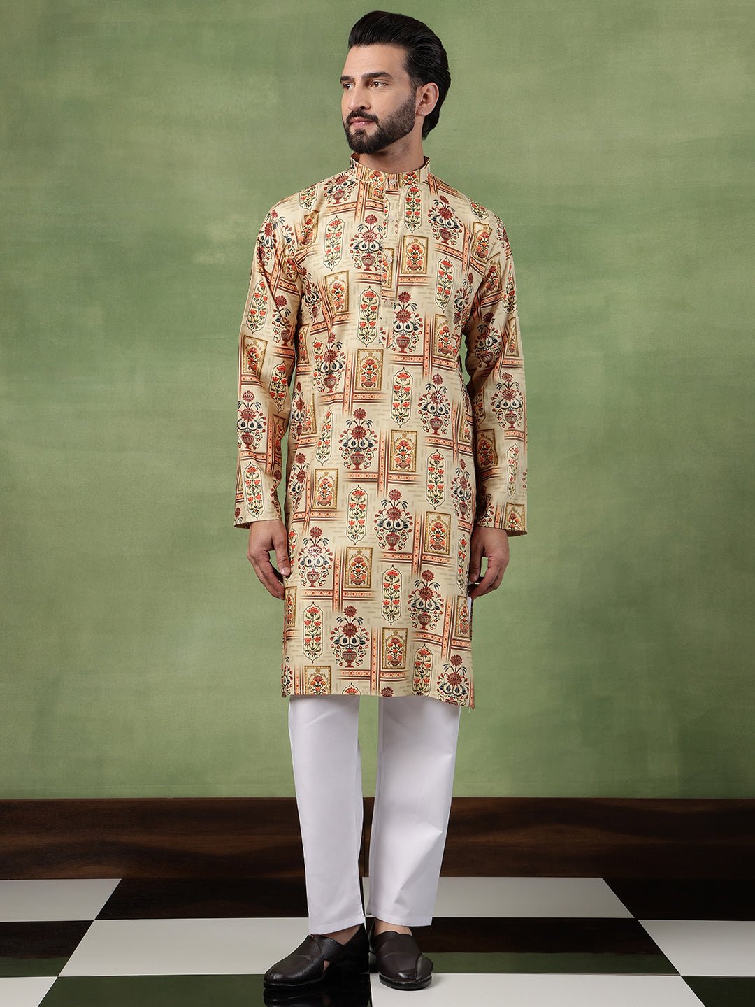 Men's Cotton Printed Floral Frame Motifs Green Long Kurta - Image 4