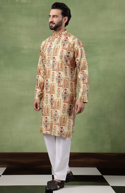 Men's Cotton Printed Floral Frame Motifs Green Long Kurta