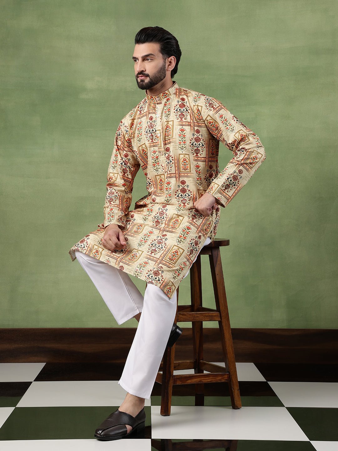 Mens Cotton Printed Floral Frame Motifs Green Kurta With Pyjama - Image 4