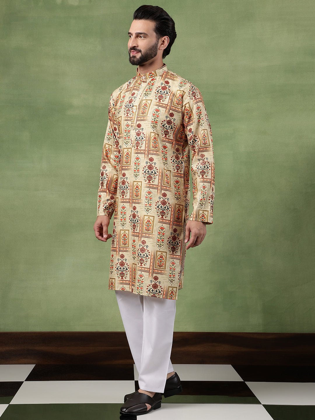 Mens Cotton Printed Floral Frame Motifs Green Kurta With Pyjama