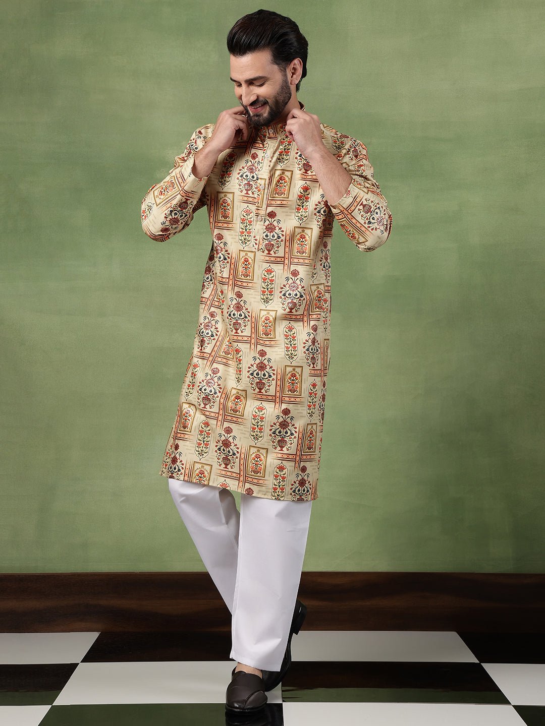 Mens Cotton Printed Floral Frame Motifs Green Kurta With Pyjama - Image 5