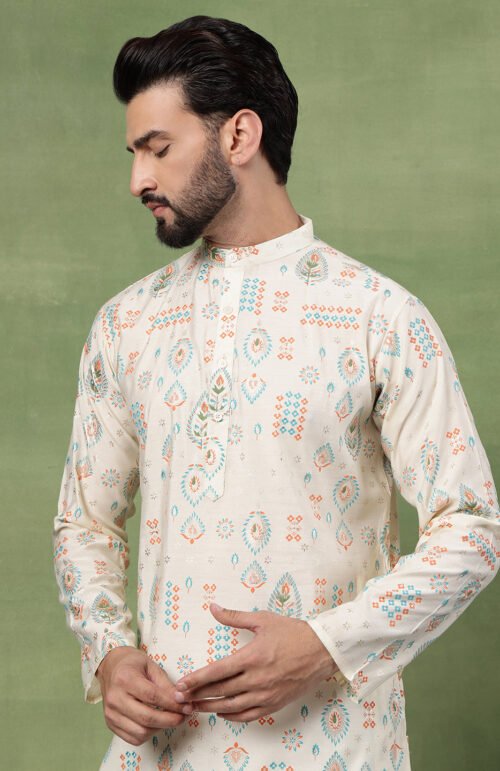 Men’s Cotton Cream Kurta with Traditional Foil Print Motifs