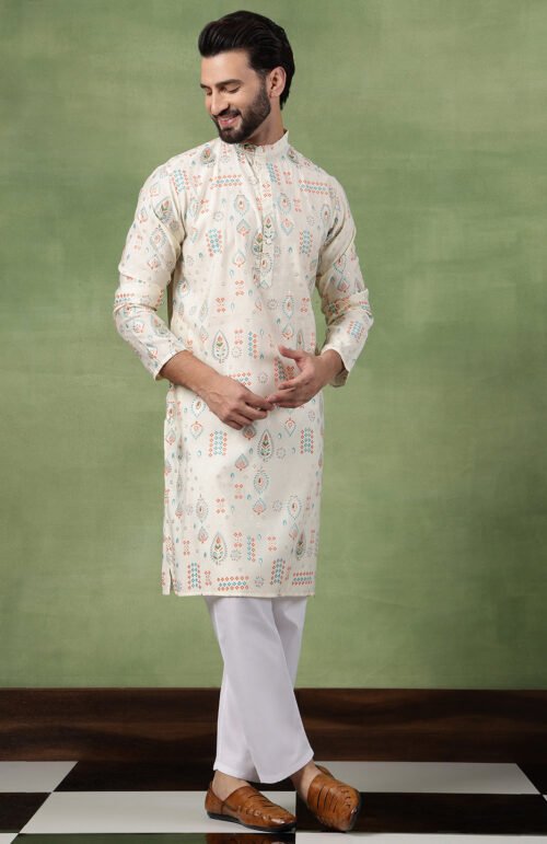 Men’s Cotton Traditional Foil Print Motifs Cream Kurta With Pyjama