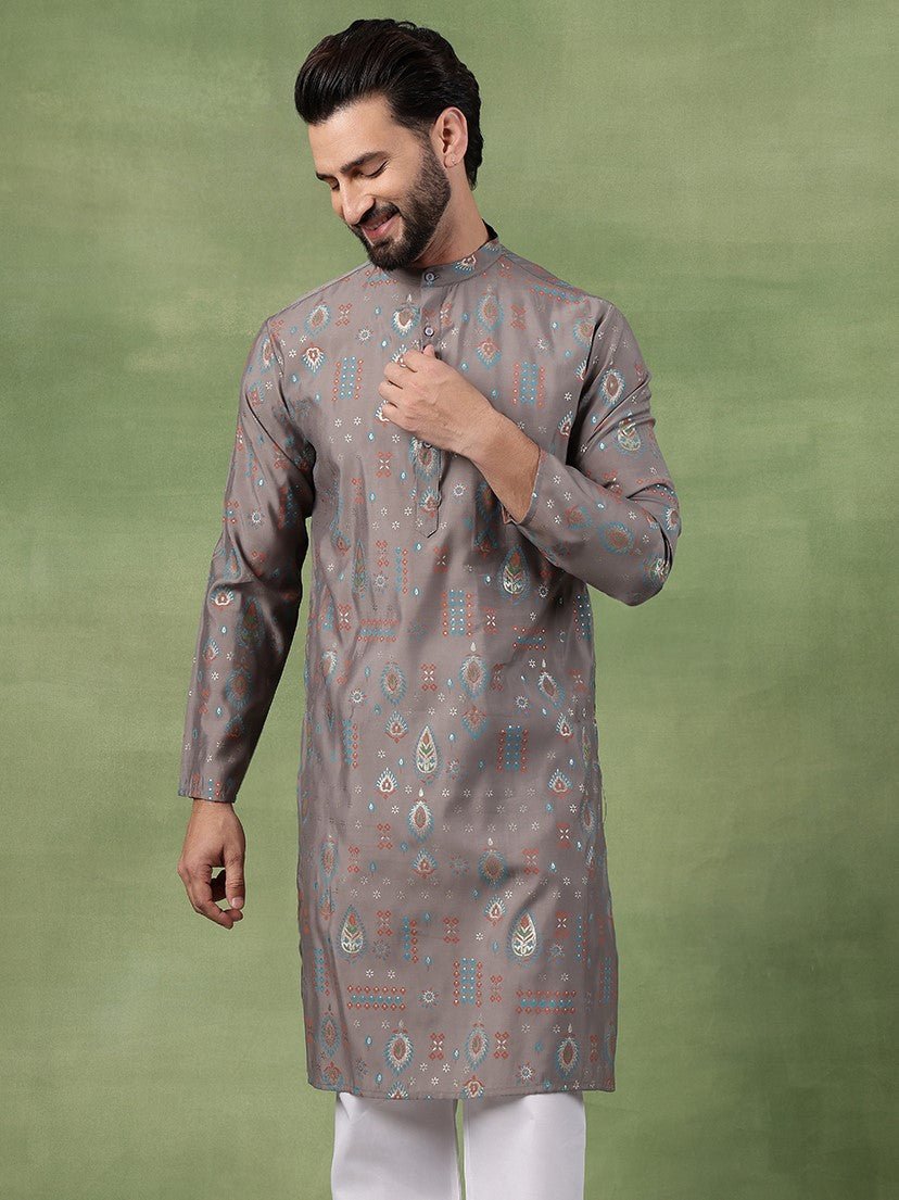 Men’s Cotton Grey Kurta with Traditional Foil Print Motifs - Image 2
