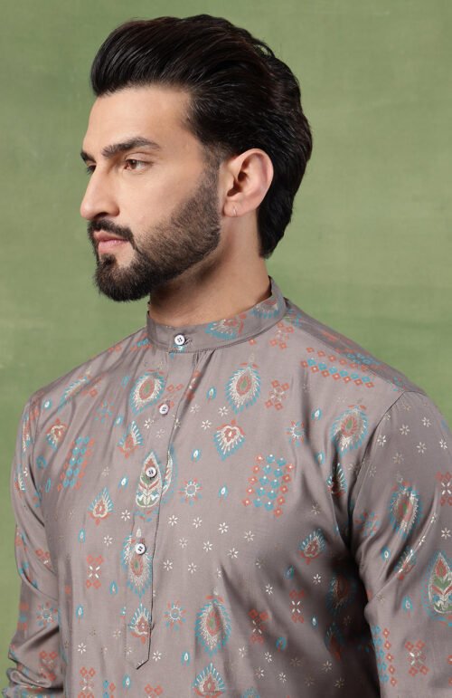 Men’s Cotton Grey Kurta with Traditional Foil Print Motifs