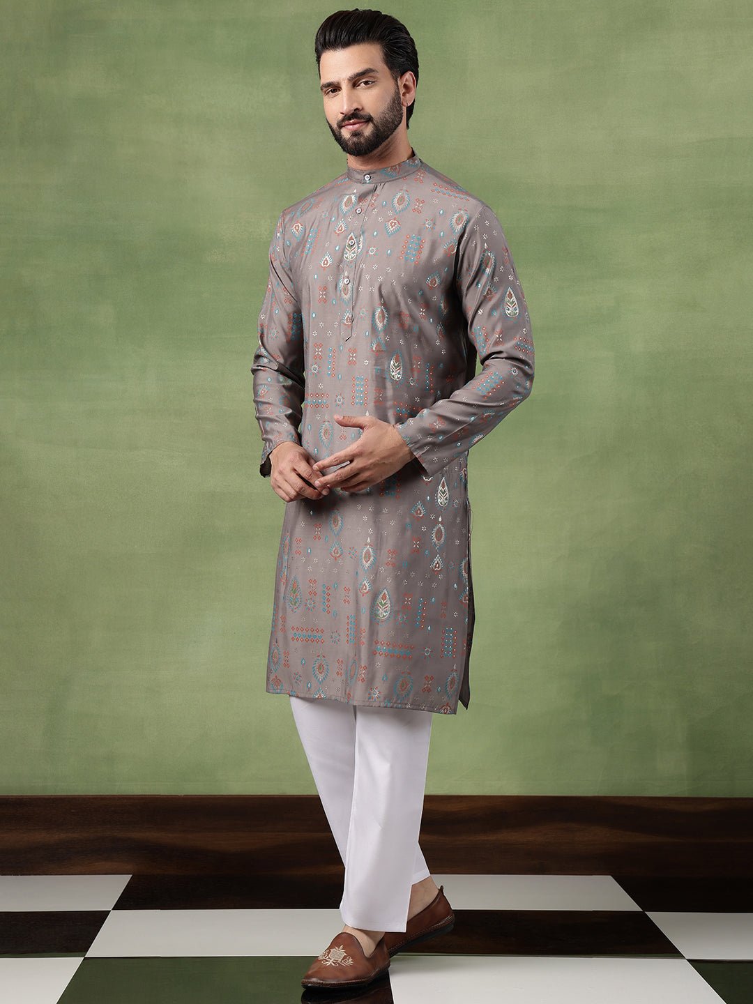 Men’s Cotton Traditional Foil Print Motifs Grey Kurta With Pyjama - Image 5