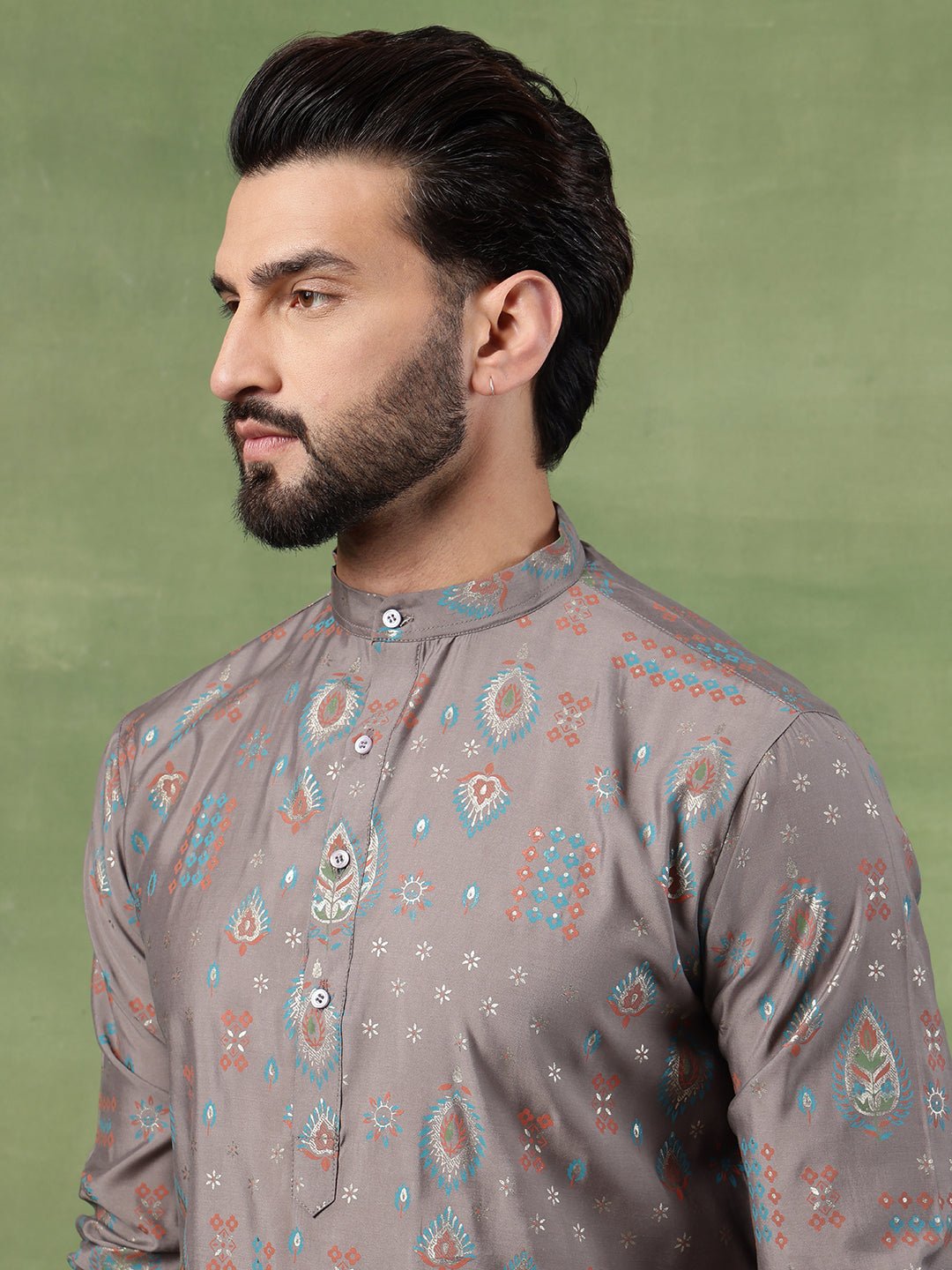Men’s Cotton Traditional Foil Print Motifs Grey Kurta With Pyjama - Image 6