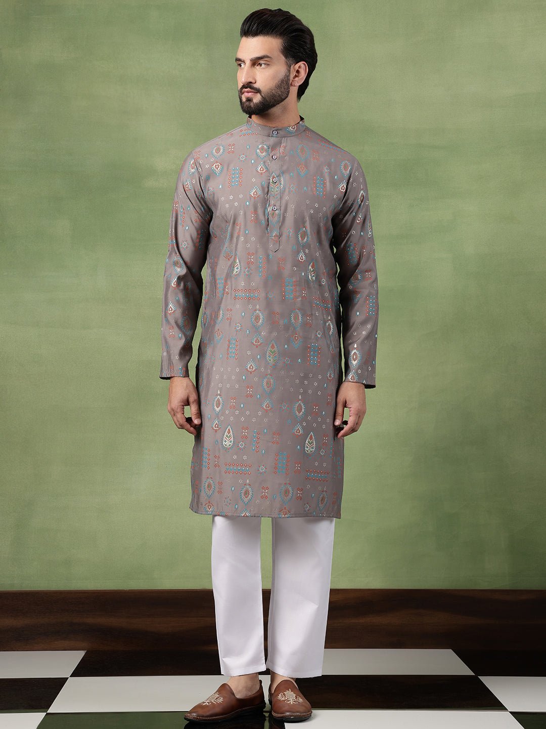 Men’s Cotton Traditional Foil Print Motifs Grey Kurta With Pyjama - Image 4