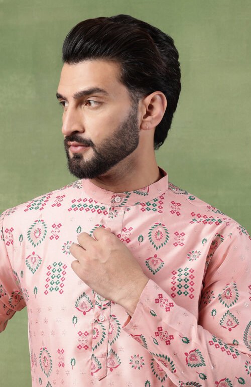 Men’s Cotton Pink Kurta with Traditional Foil Print Motifs