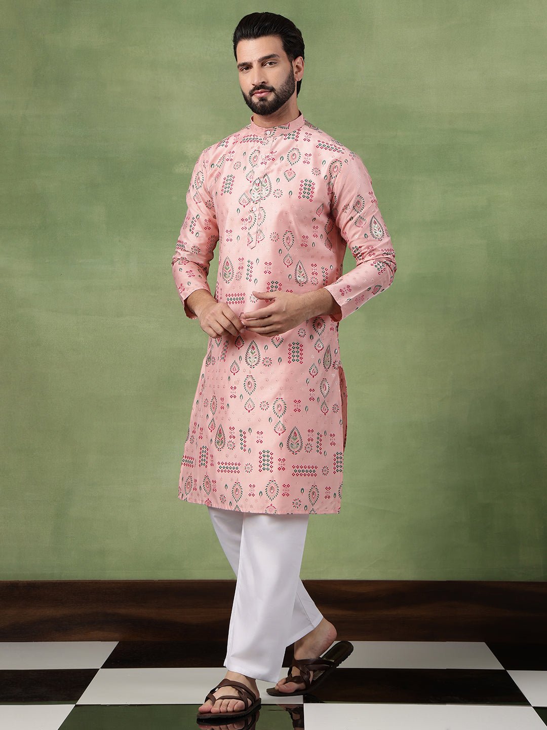 Men’s Cotton Pink Kurta with Traditional Foil Print Motifs - Image 6