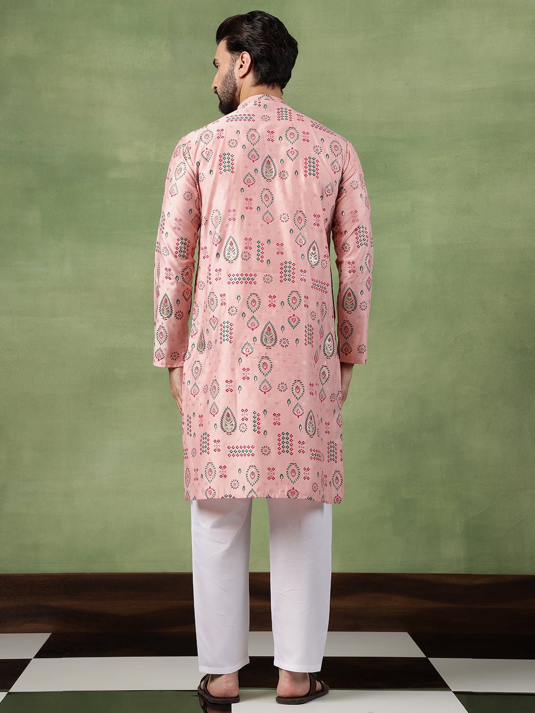 Men’s Cotton Pink Kurta with Traditional Foil Print Motifs - Image 3