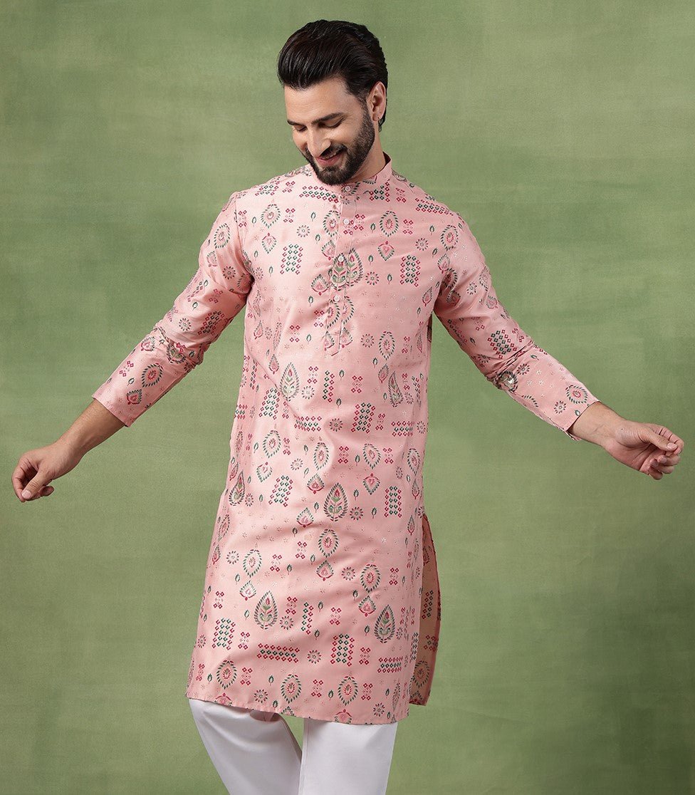 Men’s Cotton Pink Kurta with Traditional Foil Print Motifs - Image 2