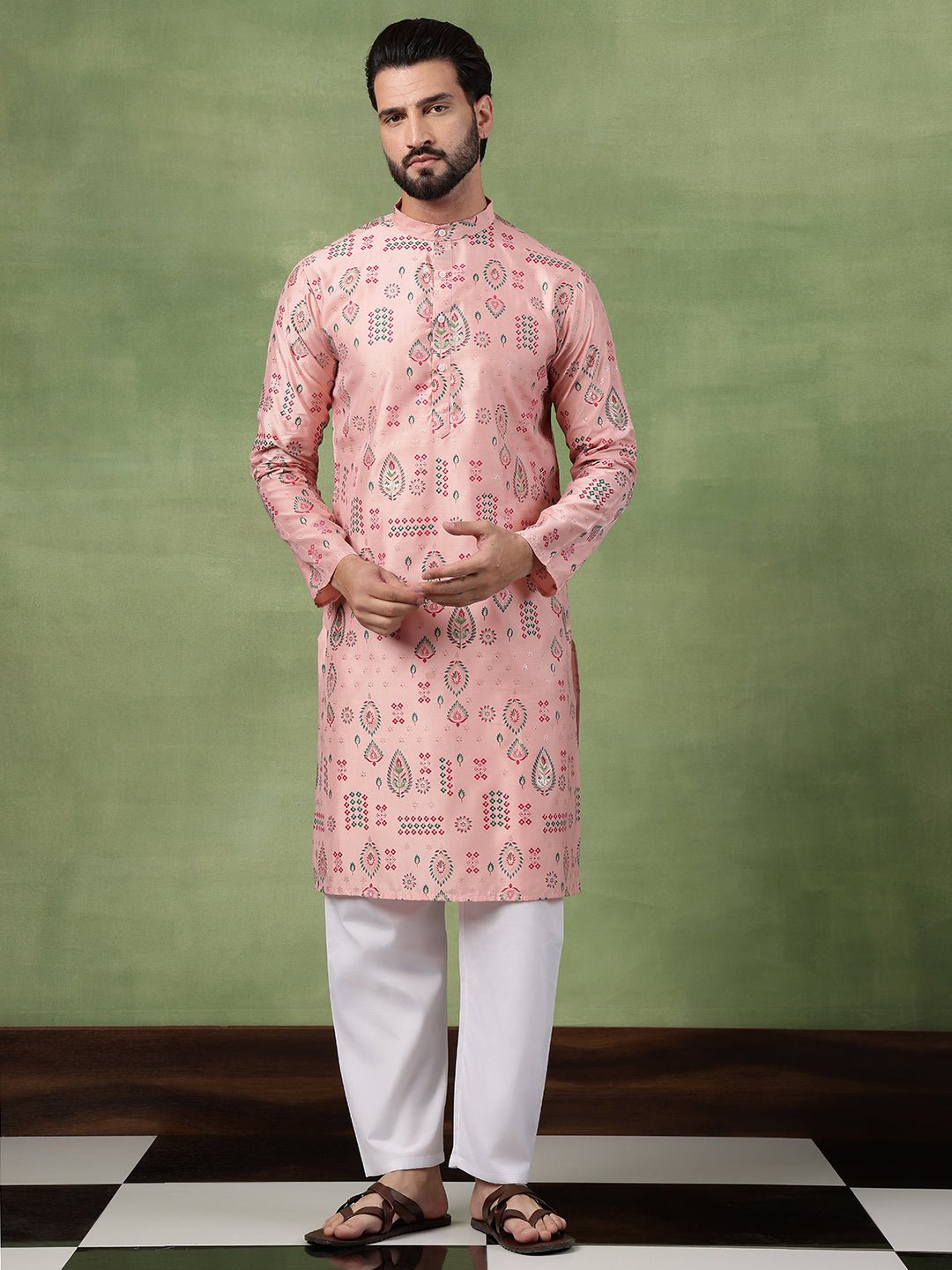 Men’s Cotton Pink Kurta with Traditional Foil Print Motifs - Image 4