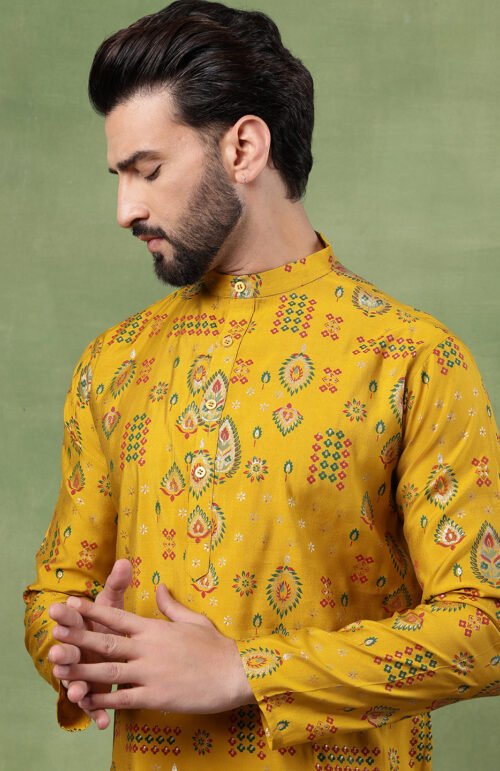 Men’s Cotton Mustard Kurta with Traditional Foil Print Motifs