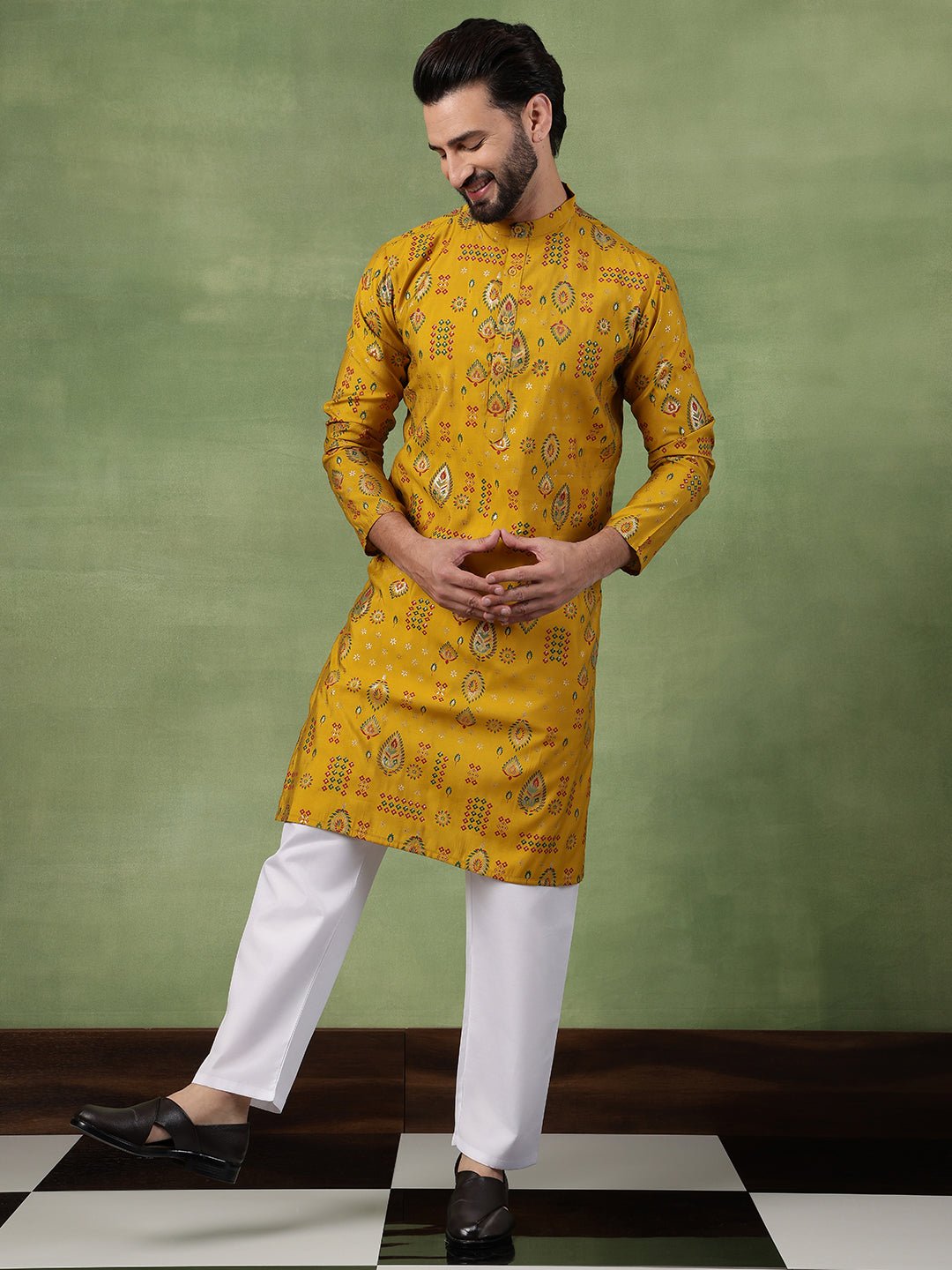 Men’s Cotton Mustard Kurta with Traditional Foil Print Motifs - Image 2