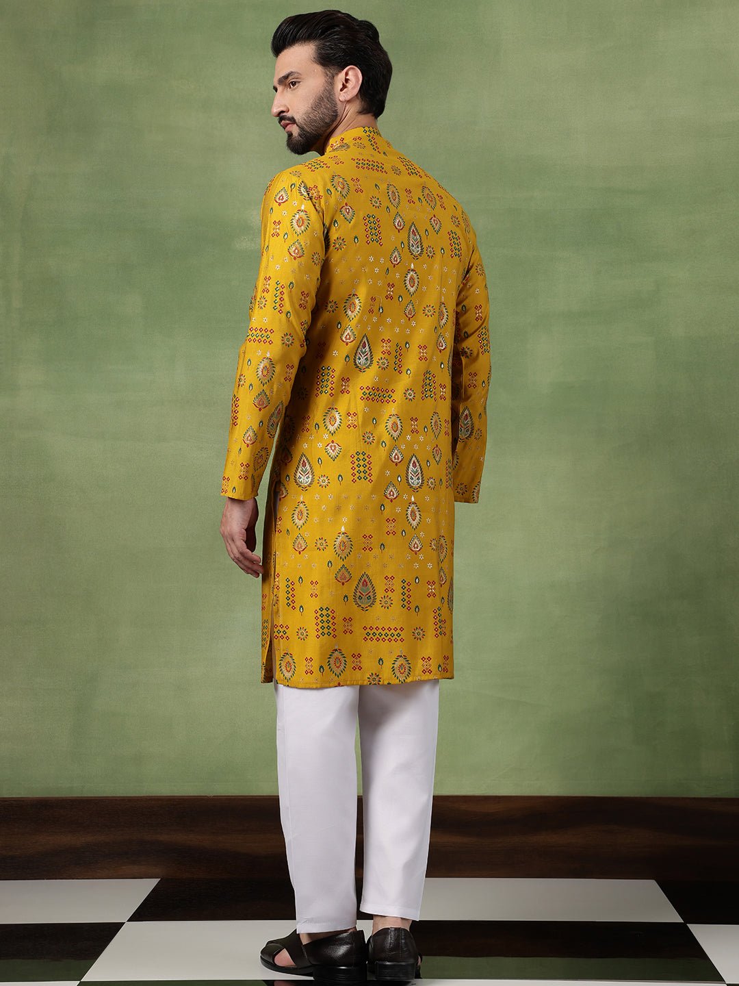Men’s Cotton Mustard Kurta with Traditional Foil Print Motifs - Image 3