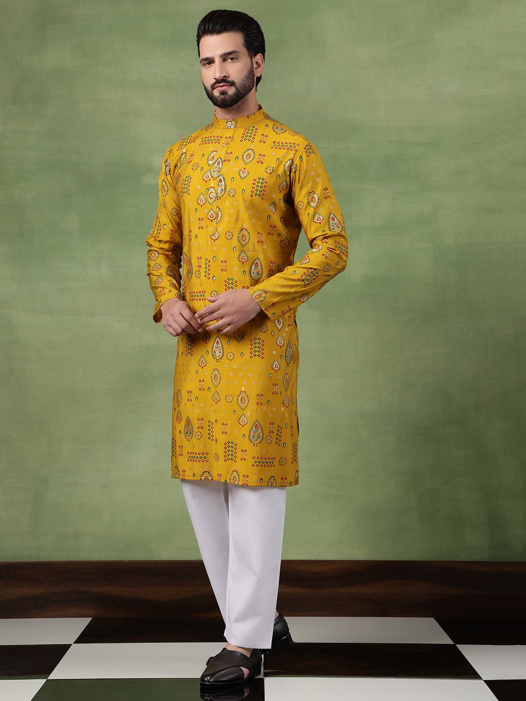 Men’s Cotton Mustard Kurta with Traditional Foil Print Motifs - Image 4