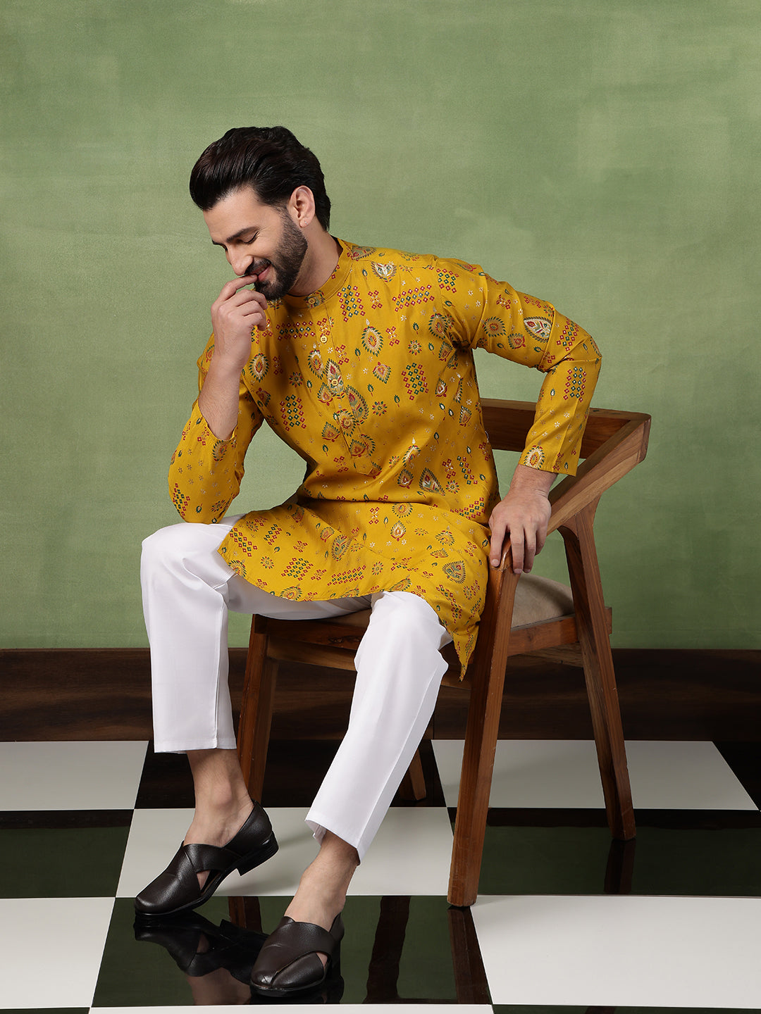 Men’s Cotton Mustard Kurta with Traditional Foil Print Motifs - Image 5