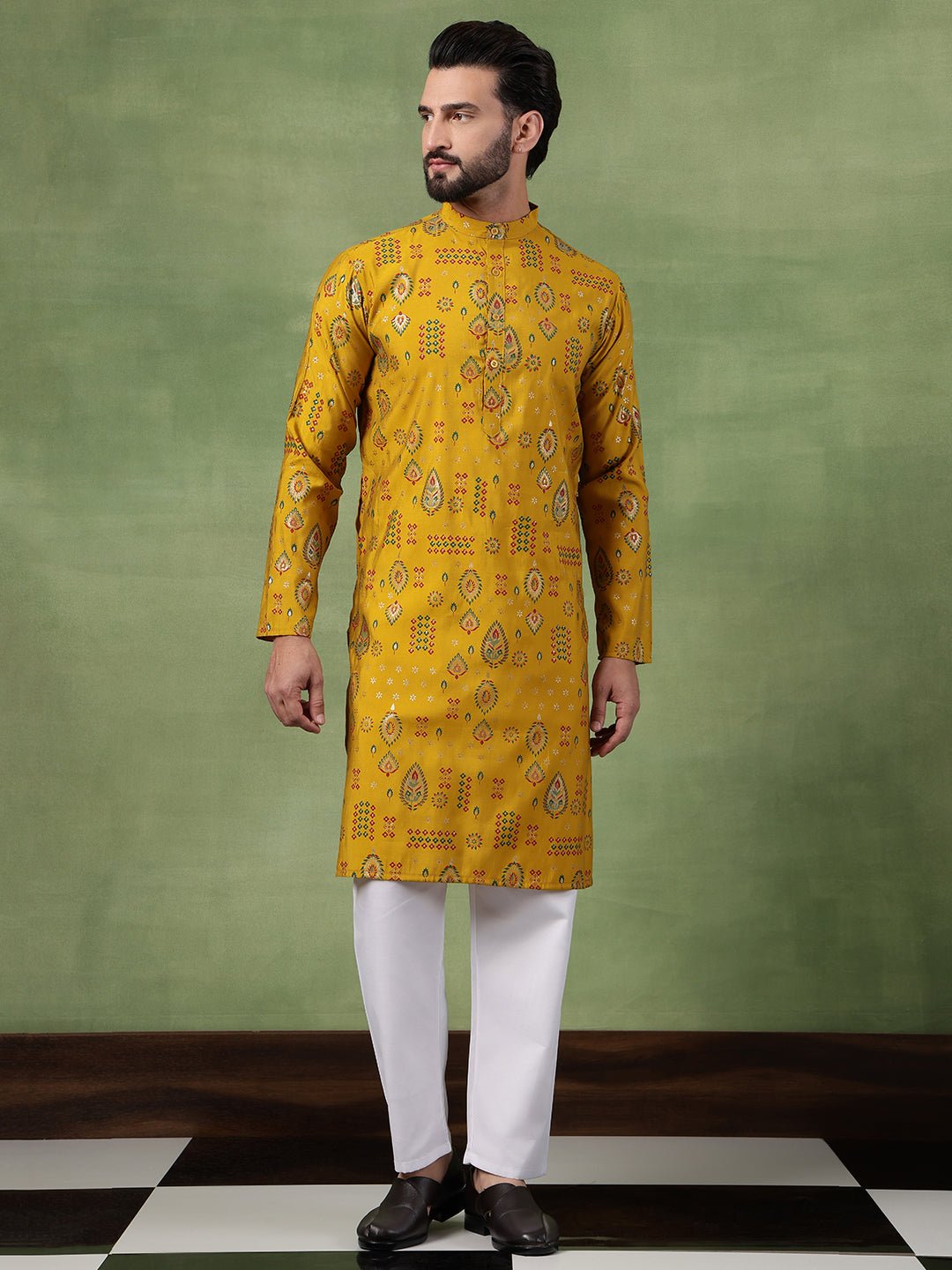 Men’s Cotton Mustard Kurta with Traditional Foil Print Motifs - Image 6