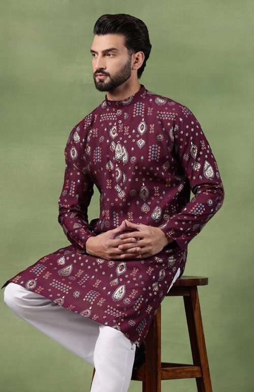 Men’s Cotton Wine Kurta with Traditional Foil Print Motifs