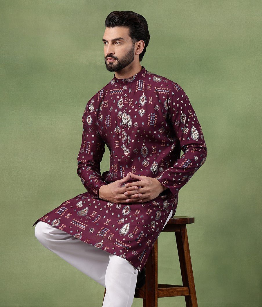 Men’s Cotton Wine Kurta with Traditional Foil Print Motifs