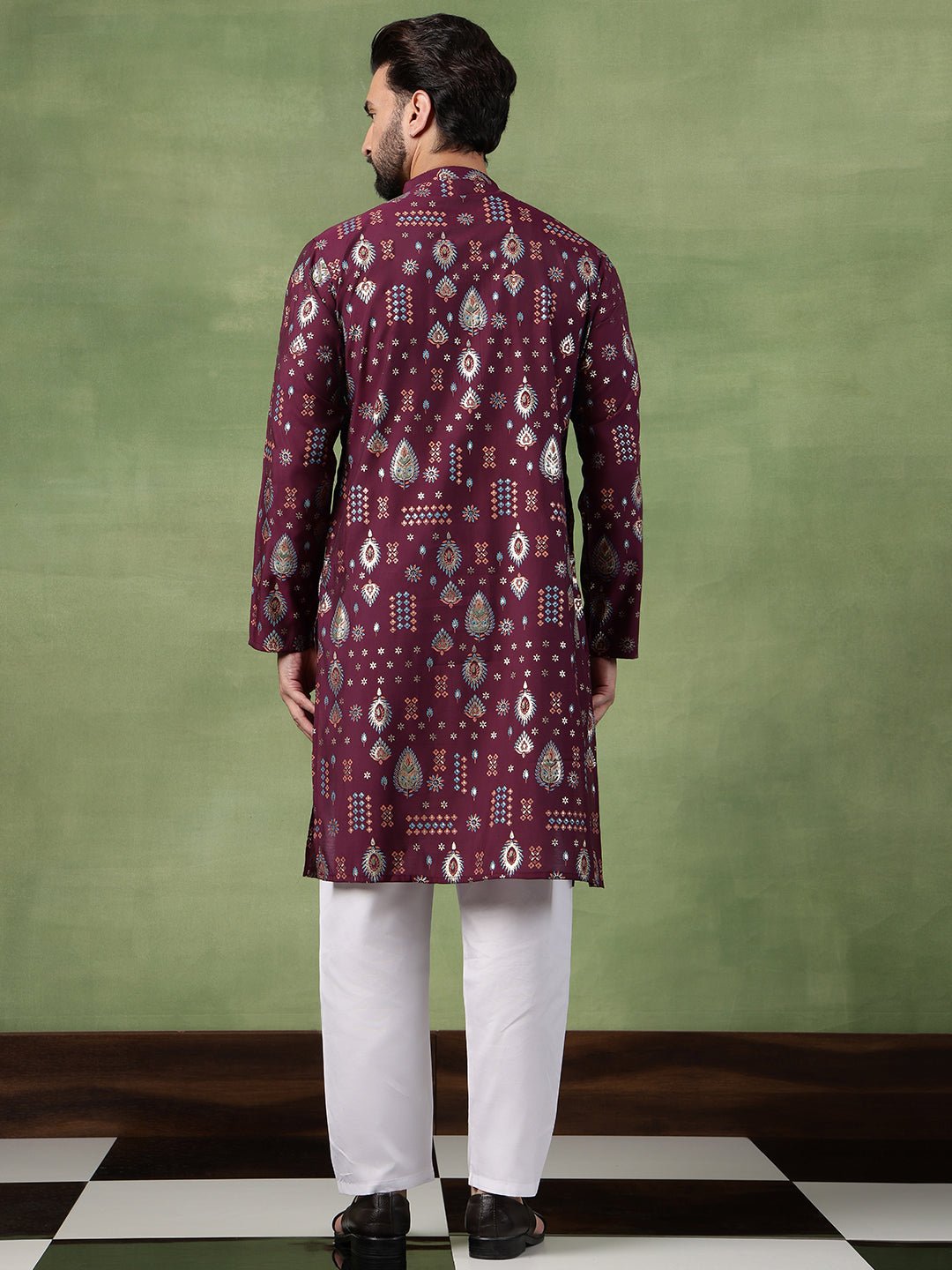 Men’s Cotton Wine Kurta with Traditional Foil Print Motifs - Image 3