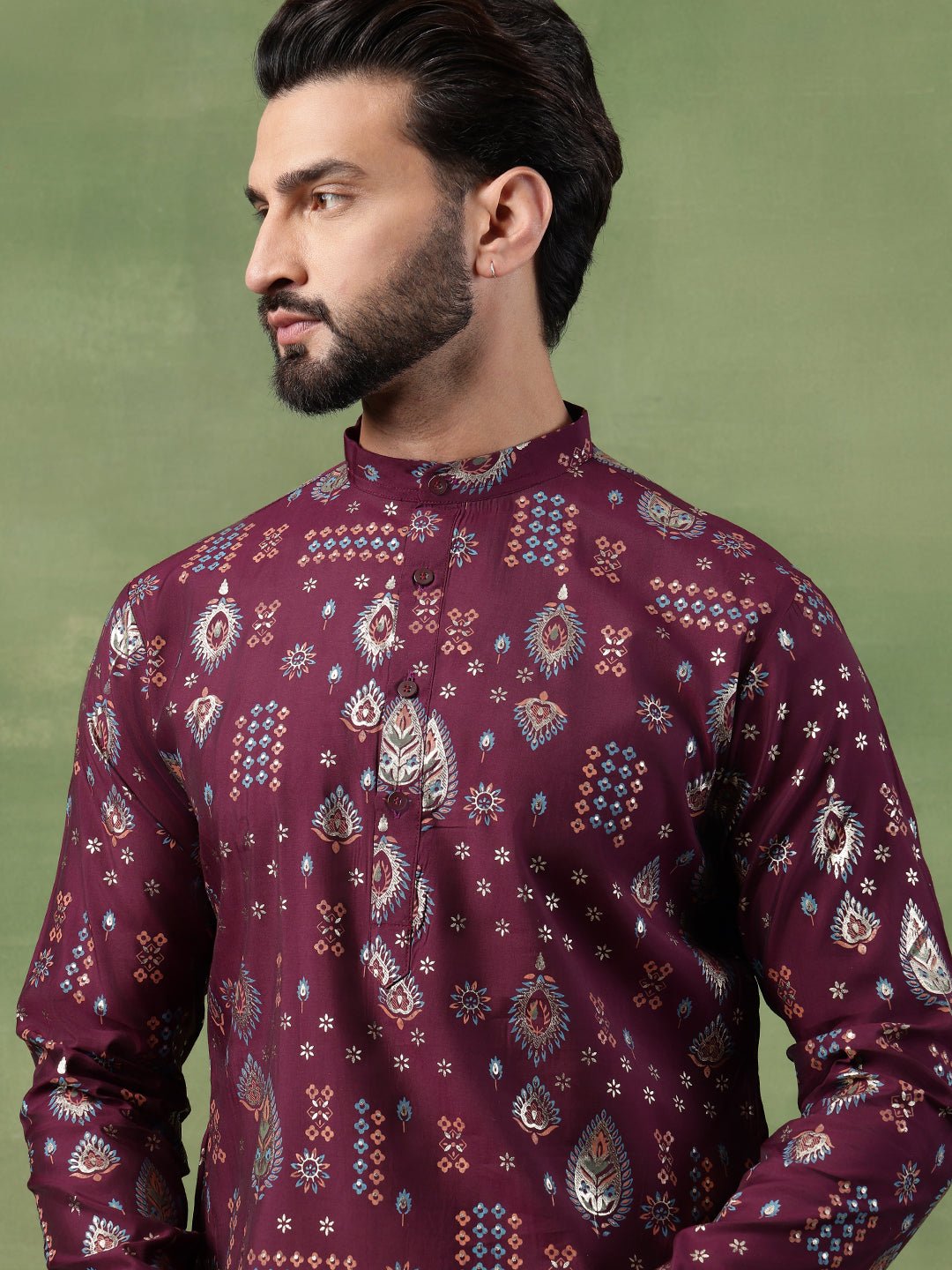 Men’s Cotton Wine Kurta with Traditional Foil Print Motifs - Image 4