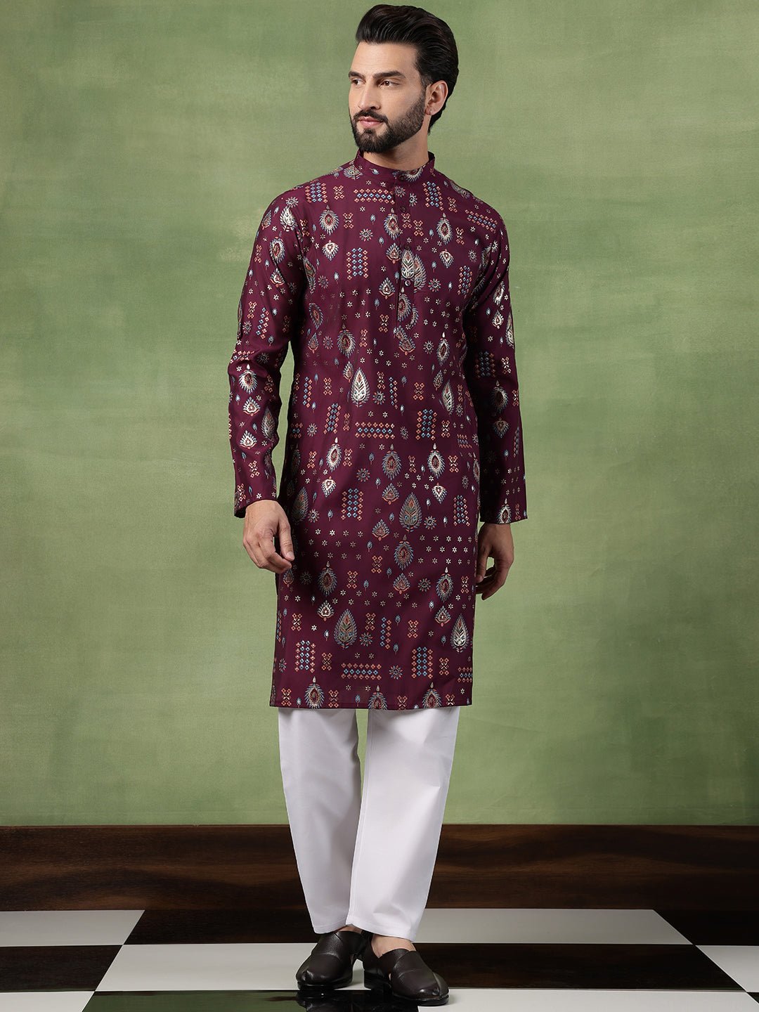Men’s Cotton Wine Kurta with Traditional Foil Print Motifs - Image 5