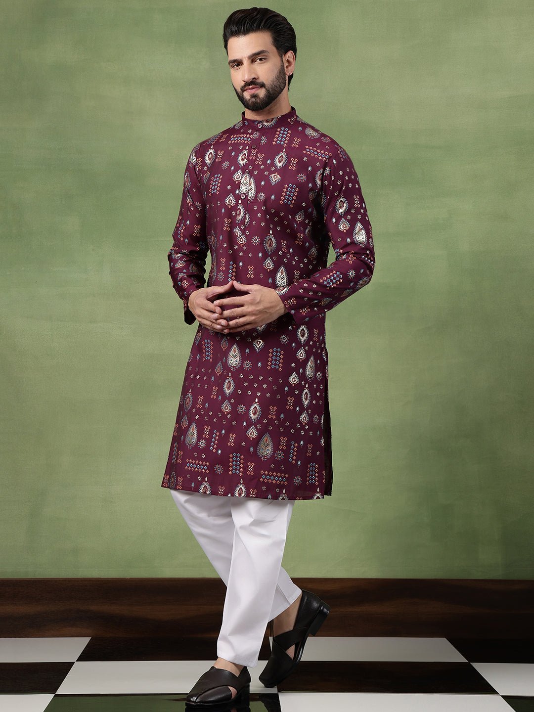 Men’s Cotton Wine Kurta with Traditional Foil Print Motifs - Image 6