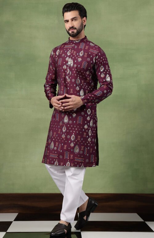 Men’s Cotton Traditional Foil Print Motifs Wine Kurta With Pyjama