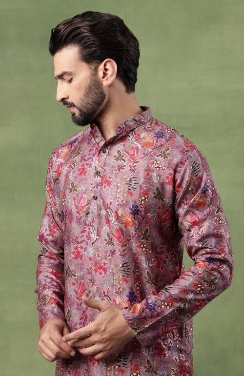 Men's Cotton Floral Print Purple Long Kurta
