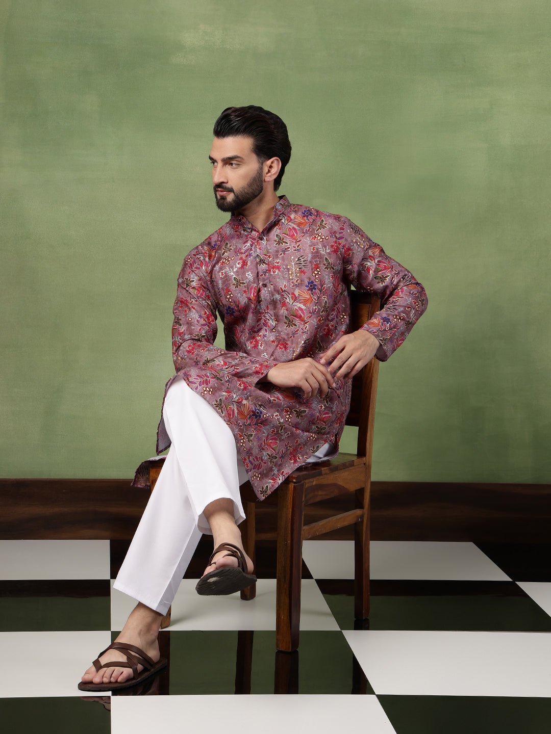 Men's Cotton Floral Print Purple Kurta With White Pyjama - Image 5
