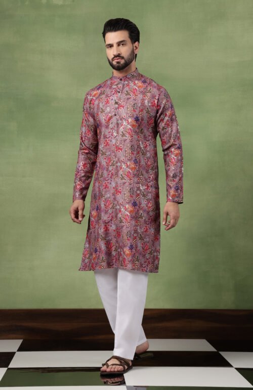 Men's Cotton Floral Print Purple Kurta With White Pyjama