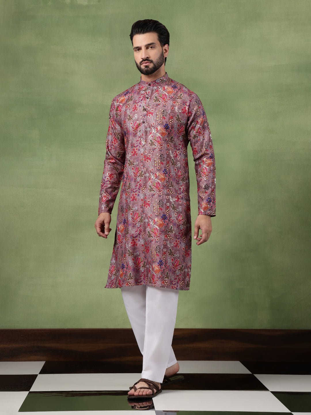 Men's Cotton Floral Print Purple Kurta With White Pyjama