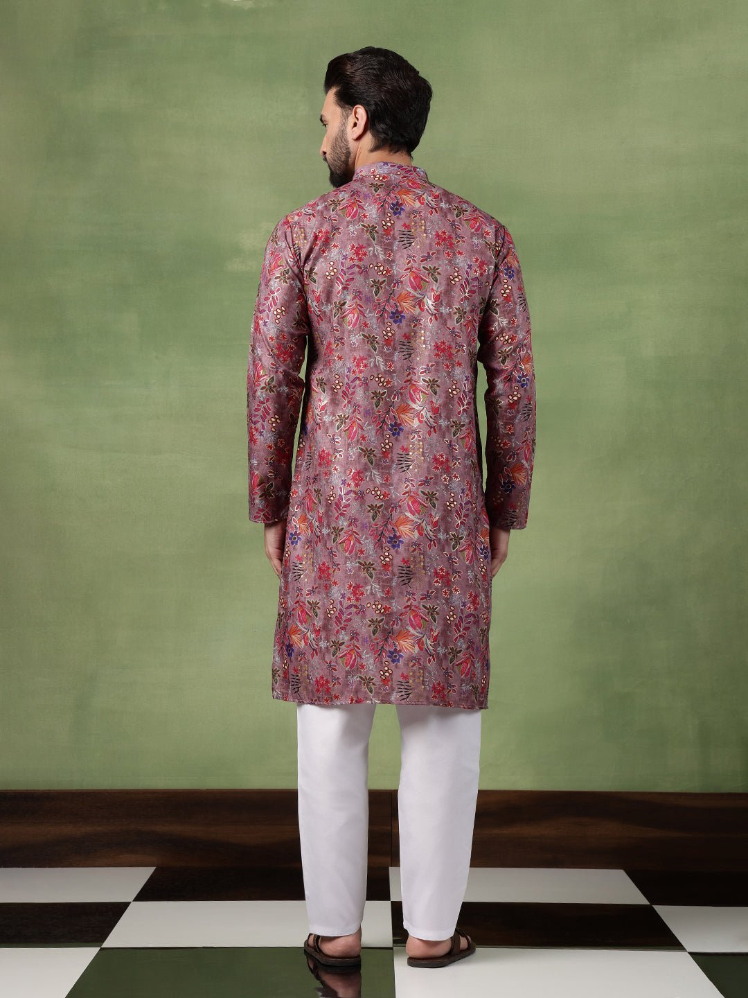 Men's Cotton Floral Print Purple Kurta With White Pyjama - Image 2