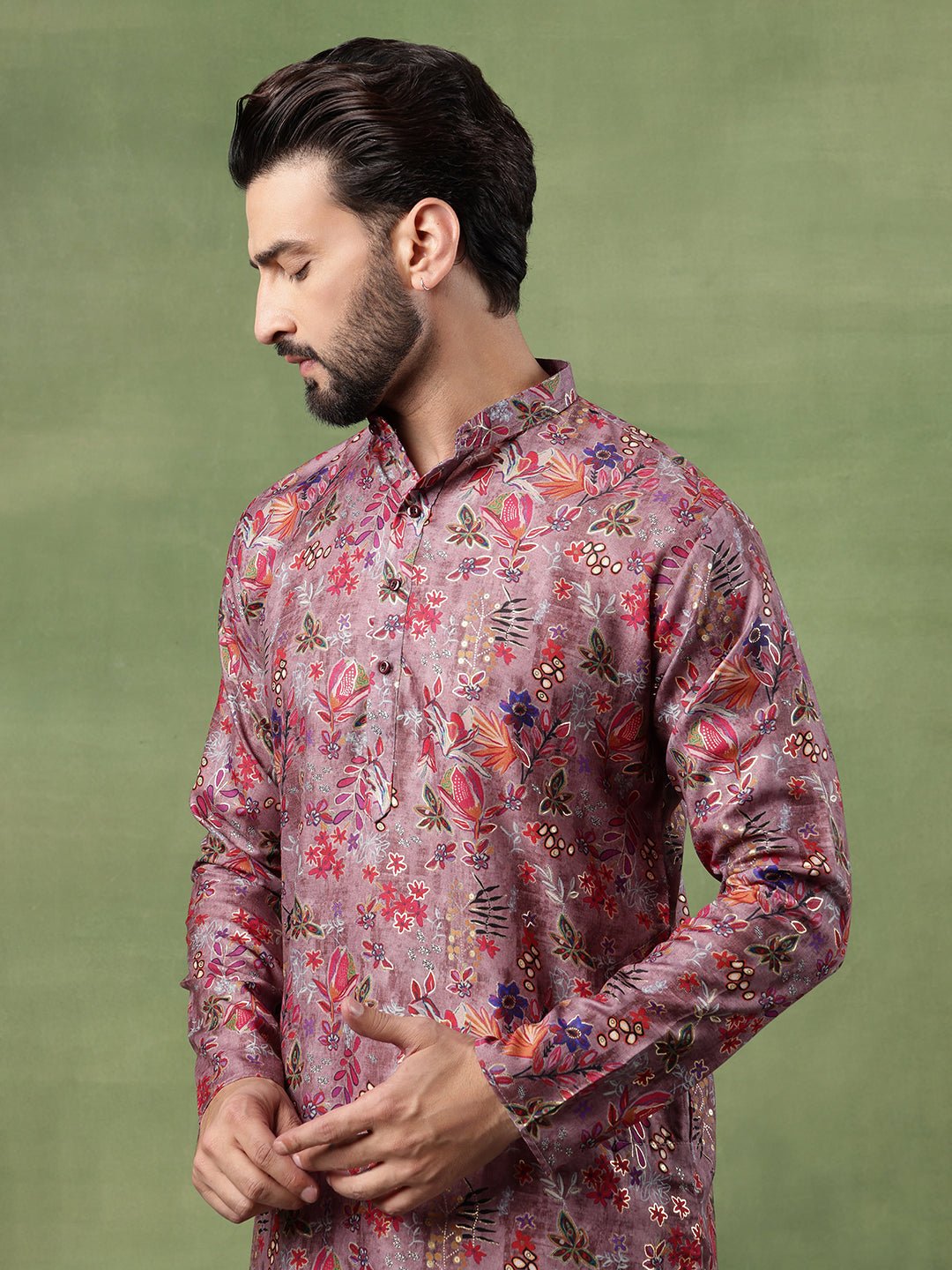 Men's Cotton Floral Print Purple Kurta With White Pyjama - Image 7