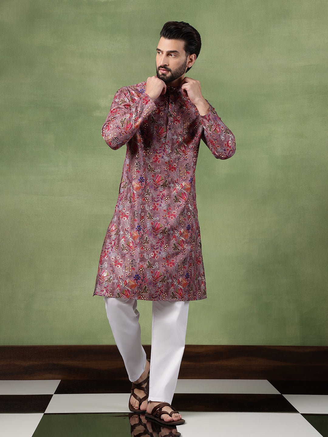 Men's Cotton Floral Print Purple Kurta With White Pyjama - Image 3