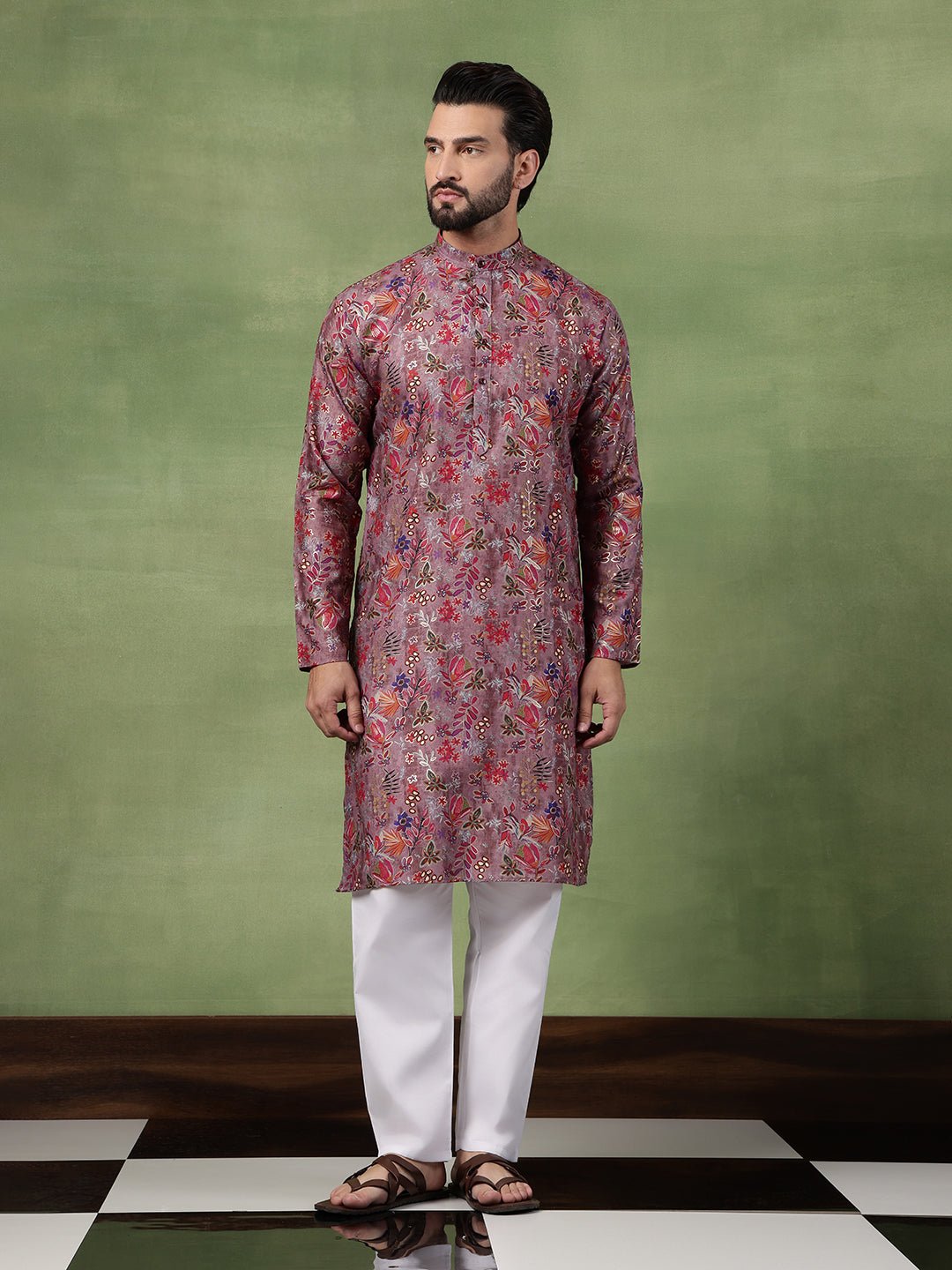 Men's Cotton Floral Print Purple Kurta With White Pyjama - Image 4