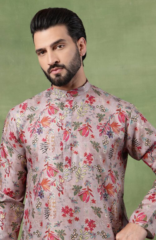 Men's Cotton Floral Print Grey Long Kurta