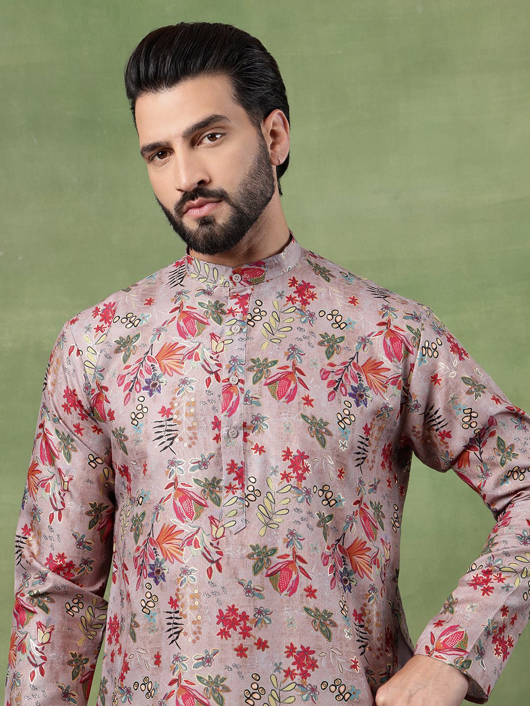 Men's Cotton Floral Print Grey Long Kurta