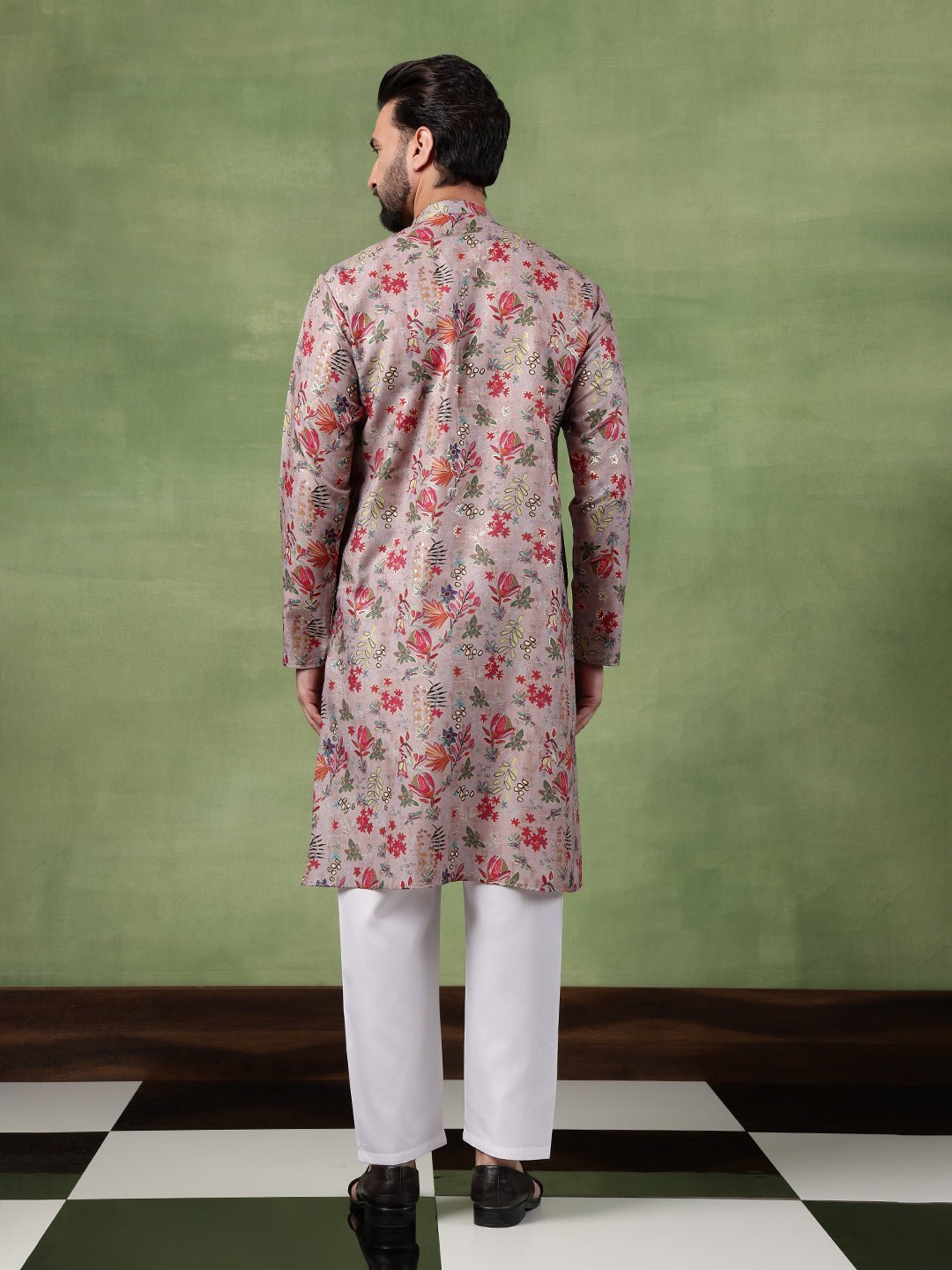 Men's Cotton Floral Print Grey Long Kurta - Image 3
