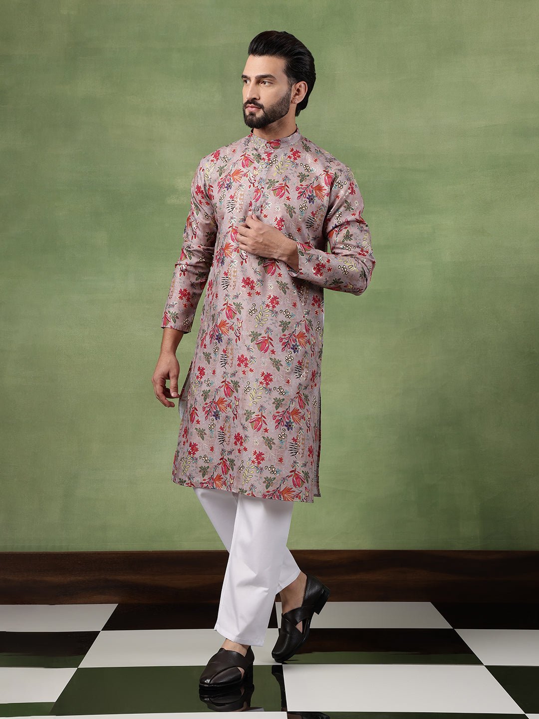 Men's Cotton Floral Print Grey Long Kurta - Image 4